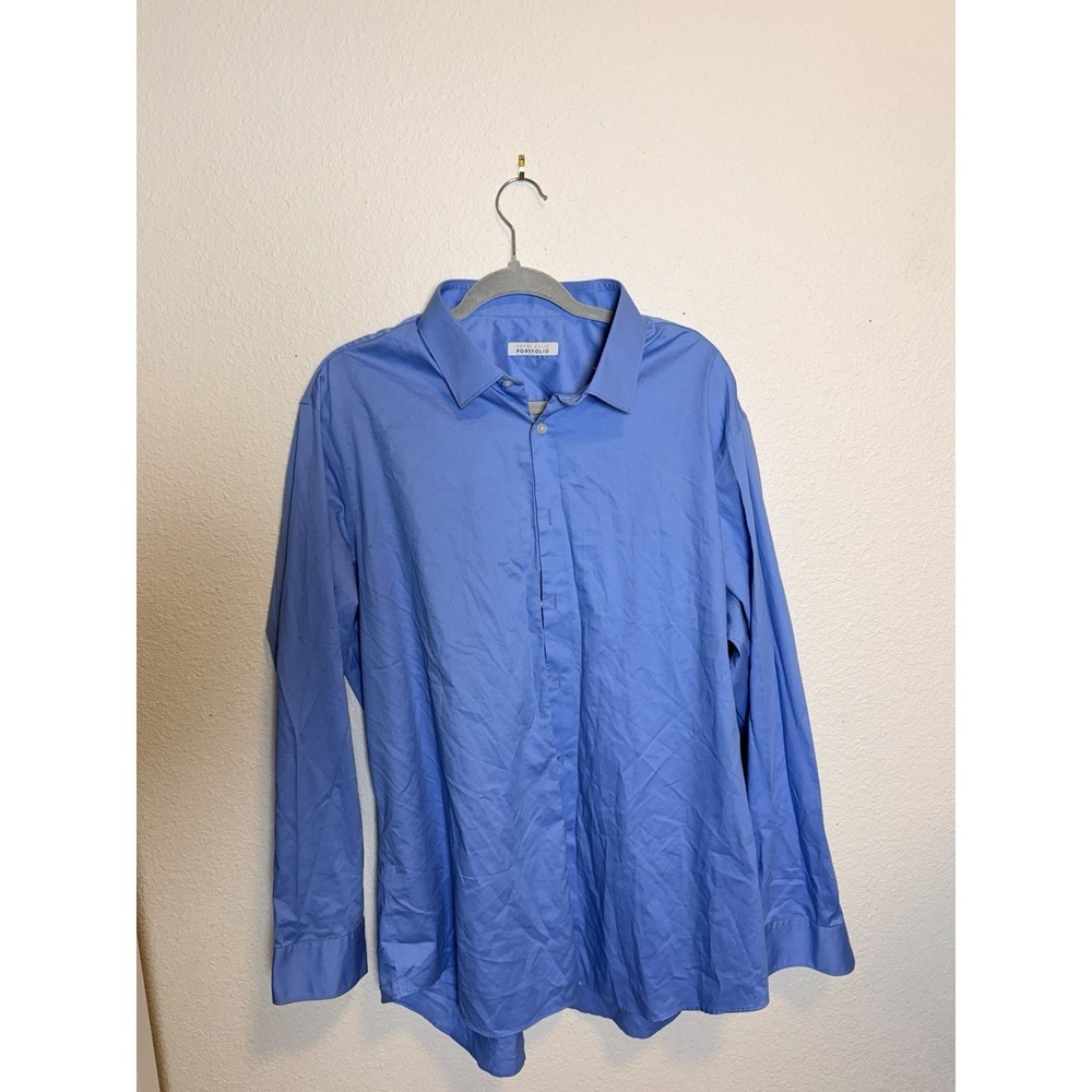 Perry Ellis Portfolio Non-Iron Cotton Blue Solid Dress Shirt 17.5 34/35
